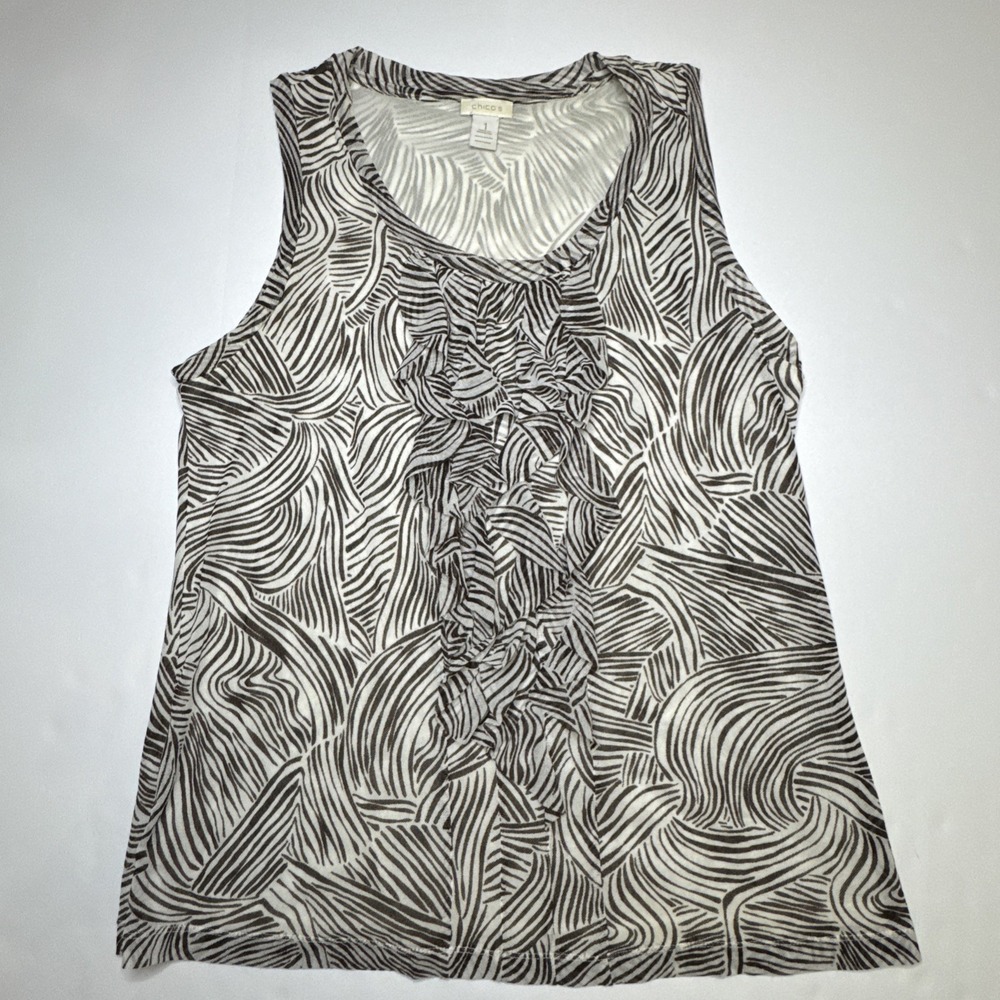 Tank Top Ruffle Front Abstract Brown White Size 1 Chico's Mesh Sleeveless Blouse